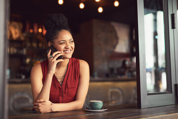 Happy woman, coffee and window with phone call for business discussion, proposal or chat at...