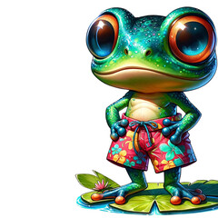 Colorful cartoon frog wearing red shorts with a tropical theme, standing confidently on a lily pad.