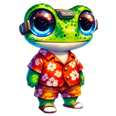 Cute cartoon frog with big eyes wearing a Hawaiian shirt and shorts, exuding a vibrant and playful summer vibe.