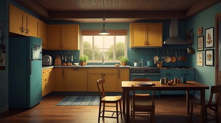 hows a kitchen with blue and yellow cabinets, a blue