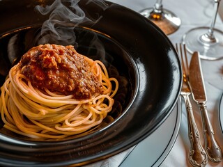 Smoky Hot Italian Spaghetti noodles with sauce bolognese in black plate, on table closeup, Italian food