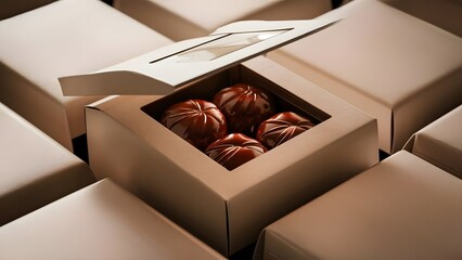 Open lid sweets inside set of confectionary packaging cardboard box, packaging box mockup, product mockups