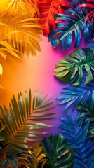 Vibrant tropical leaves in a spectrum of colors pop against a gradient background, creating a cheerful and modern aesthetic