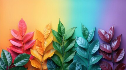 Fototapeta premium Vibrant leaf branches in rainbow colors arranged on a gradient background