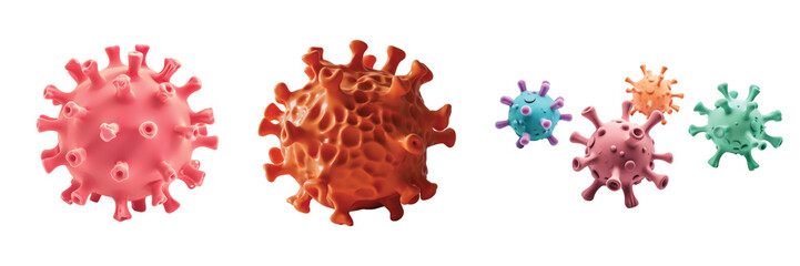 colorful 3D cartoon virus characters with different shapes and expressions isolated on a white background. Microorganism and pathogen illustration concept