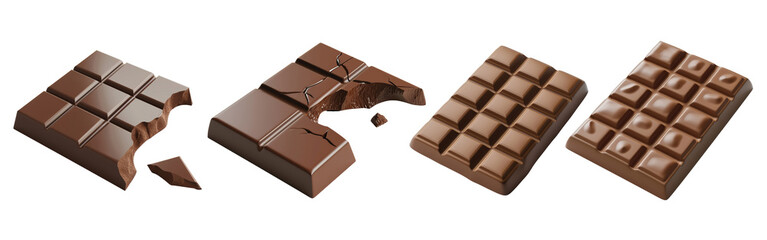 Fototapeta premium Set of four chocolate bars, some with bites taken out, isolated on a transparent background. Confectionery and sweets concept