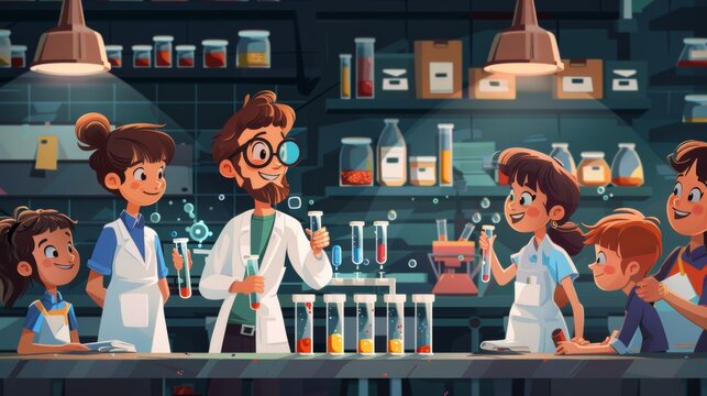 A science class with students conducting experiments using test tubes and a teacher explaining with a book in hand cartoon Vector Illustration Generative AI