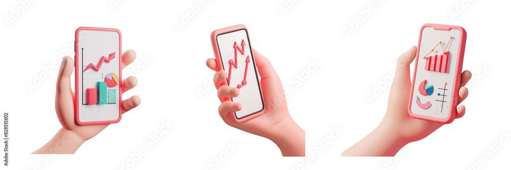 Poster three hands holding smartphones displaying various 3d financial graphs and charts isolated on a tran