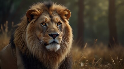 Fototapeta premium shows a lion, with a light brown mane, walking in a grassy field