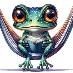 Adorable animated frog with big eyes reading a book while lounging on a hammock. Ideal for fun and educational content.