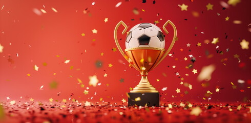 A gold cup with a ball inside. Celebrating a football victory. Background for banners, flyers, social networks and news channels