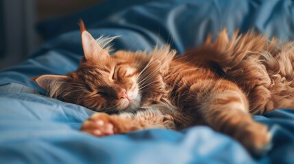 A charming Maine coon cat with orange fur dozing on a blue bedspread