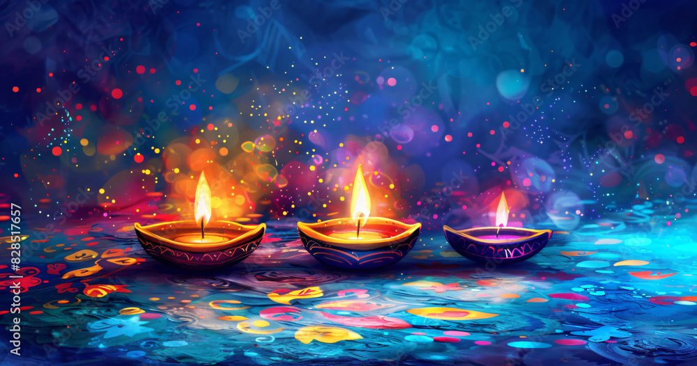 Wall mural illustation of Diwali festival of lights tradition Diya oil lamps against dark background
A traditional Indian art of decorating the entrance to a house. Diwali festival holiday design. 