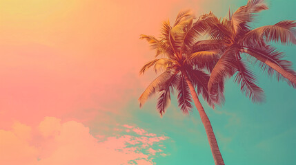 Obraz premium sky in pink tones with a palm tree view from below. Green coconut palm trees on summer colorful pink sky with copy space. Beautiful tropical seascape background minimal style