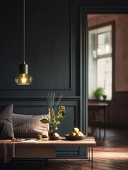 Living room on the background of a dark classic wall with lighting by AI generate.