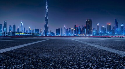 Obraz premium Dubai urban cityscape skyline night scene with empty asphalt floor on front 