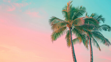 sky in pink tones with a palm tree view from below. Green coconut palm trees on summer colorful pink sky with copy space. Beautiful tropical seascape background minimal style