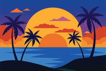 Evening on the beach with palm trees. An evening on the beach with palm trees. Colorful picture for rest. Blue palm trees at sunset. Orange sunset in the blue sky