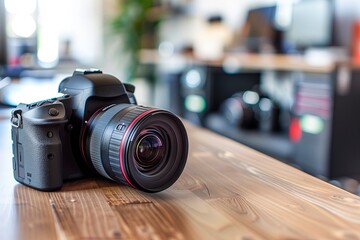 Professional reflex camera on wooden desk, shallow focus with copy space for text