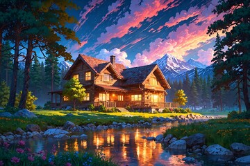 Fototapeta premium A house with a porch and a fireplace sits in front of a mountain range