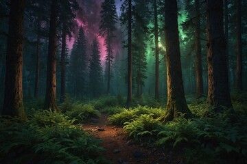 Obraz premium A forest with a path through it and trees with green leaves