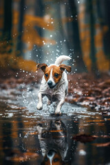 Happy breed dog running along the water's edge