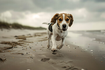 Happy breed dog running along the water's edge