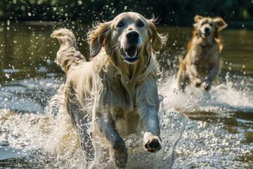 Happy breed dog running along the water's edge