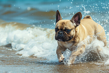 Happy breed dog running along the water's edge