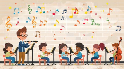 A music class with students playing various instruments, a teacher conducting, and musical notes floating in the air cartoon Vector Illustration Generative AI
