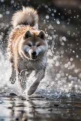 Happy breed dog running along the water's edge