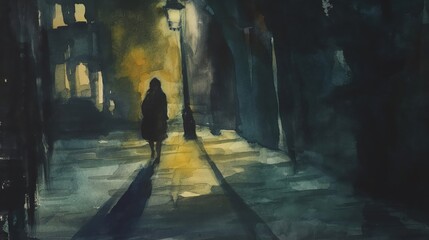 A woman walks down a dark street at night. The street is empty and the only light is from a street lamp. The woman is wearing a black coat and she is alone. Scene is somber and lonely