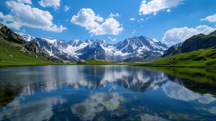 Alpine Vista: Snow Capped Peaks and Crystal Clear Mountain Lake