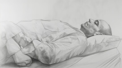 A man is drawing a picture of a man lying on a bed. The man is wearing a white shirt and is drawing the man's face and body. The drawing is in black and white and has a very simple