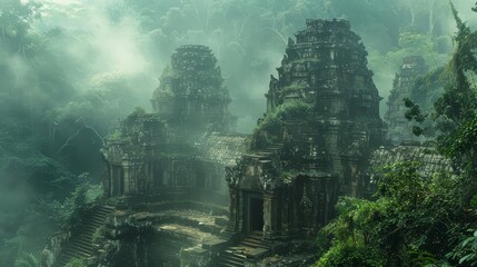 Breathtaking exotic travel experience with ancient temples nestled in a jungle, mist rising around the ruins, and the sound of wildlife in the background