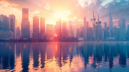Fototapeta premium Cityscape at dawn with skyscrapers bathed in the soft glow of the rising sun, reflecting off the calm river below