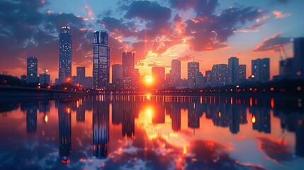 Fototapeta premium Cityscape at dawn with skyscrapers bathed in the soft glow of the rising sun, reflecting off the calm river below