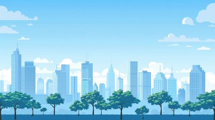 Obraz premium Light blue cityscape background. City buildings and trees at park view. Monochrome urban landscape with clouds in the sky. Modern architectural flat style vector illustration. 