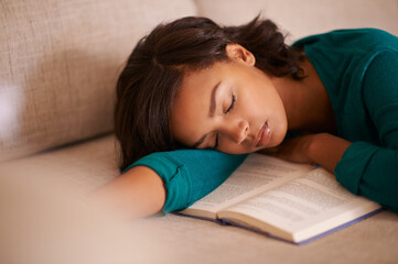 Home, sleeping and woman with book on sofa after reading, literature and fantasy story in living...