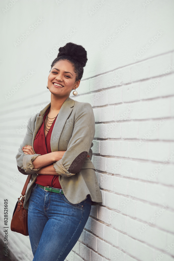 Poster Relax, smile and portrait of black woman by wall for confidence, satisfaction and positivity in career. Morning, businesswoman and happy in administration job for professional, pride and ambition