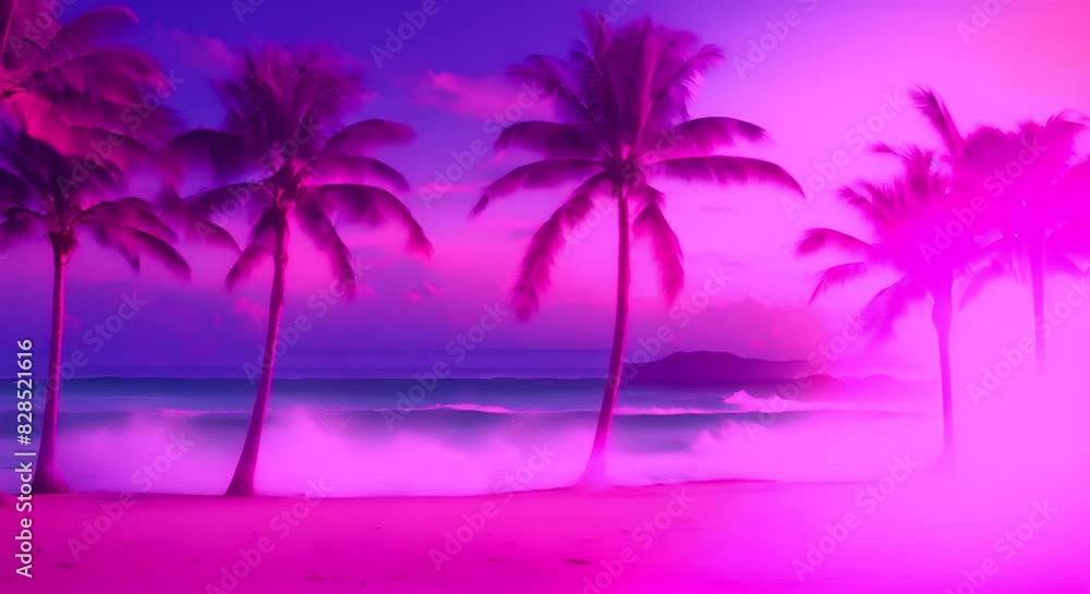 Sticker vaporwave palm trees on the beach at sunset retrowave background