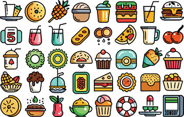 Fast food set. Full Vector illustration Outline Style Icons.