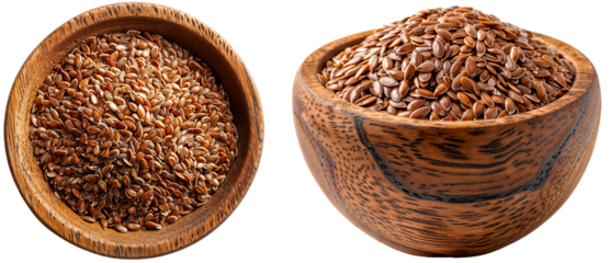 Flaxseeds in a wooden bowl, isolated on a transparent background