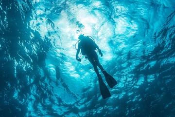 Professional scuba diver swims underwater