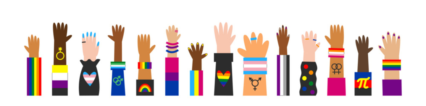 Non-binary pride flyer card. Diverse white and bipoc raised hands with genderqueer symbols. Vector flat illustration.