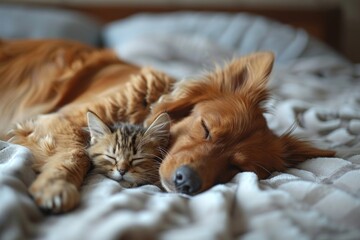Cat and dog friends sleep together on the bed