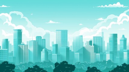 Fototapeta premium Light teal cityscape background. City buildings and trees at park view. Monochrome urban landscape with clouds in the sky. Modern architectural flat style vector illustration. 