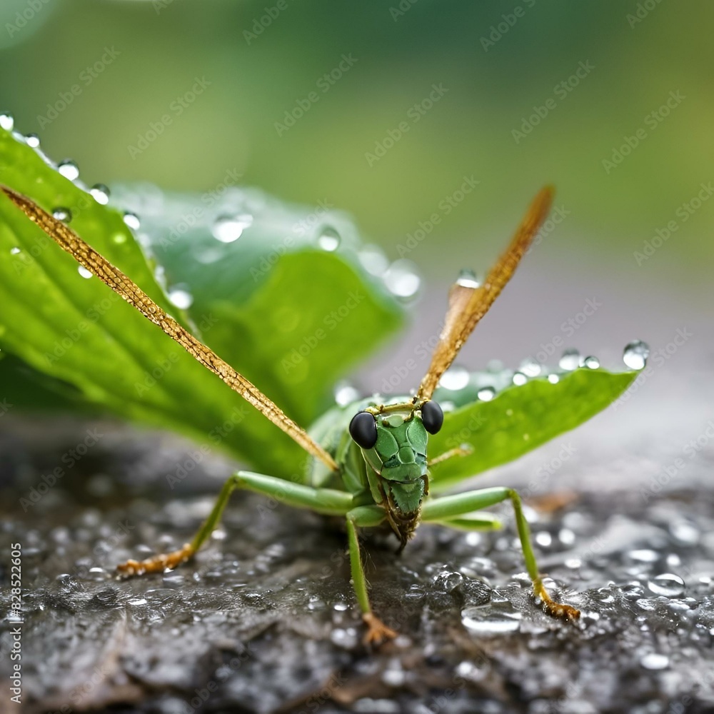 Poster ai generated illustration of a green grasshopper covered in water droplets