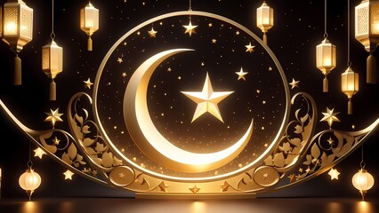 Golden crescent moon and star background with lanterns, Ramadan background, Eid background