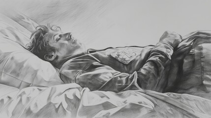 A man is sleeping on a bed. The drawing is in black and white. The man is wearing a jacket and a shirt